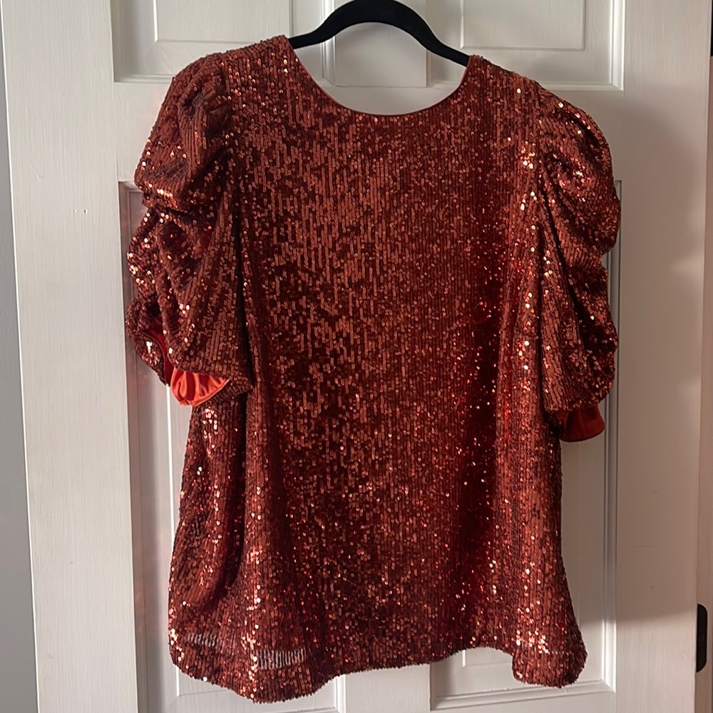 Anthropologie Copper Sequin Puff Sleeve Blouse